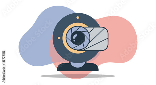 Vector flat illustration of a digital webcam with mechanical shutter aperture lens. Modern web camera icon for video conference, online streaming, and internet communication technology isolated on abs