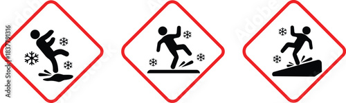 Ice Slippery Surface sign. Caution Signs for Snow and Ice Hazards. Alert for Slippery Road Conditions. Hazard slippery surface wet floor sign, vector illustration isolated on white background. 