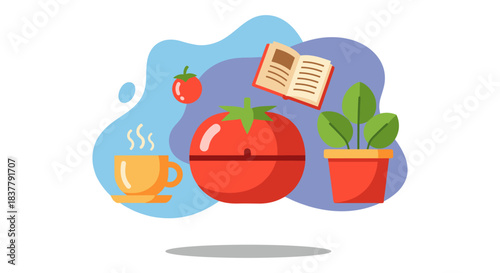Pomodoro technique concept illustration featuring red tomato timer coffee cup open book and potted plant for time management and productivity theme flat vector design