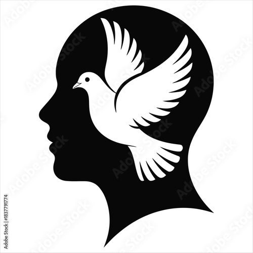 Mind of Peace Icon: Human Head Silhouette with Flying Dove Graphic, dove of peace