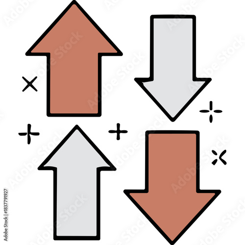 Two Upward Pointing Arrows and Two Downward Pointing Arrows in Copper and Light Gray Against a Black Background Representing Directional Movement and Contrast