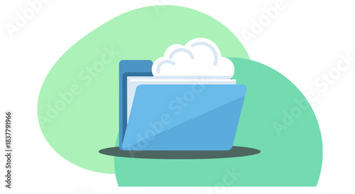 Blue folder icon with white cloud symbol representing cloud computing data storage and digital archiving concept isolated on abstract green background flat vector illustration for technology and inter