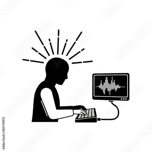 Concentrated focus creating audio waves, a vector art depiction of sound engineering and digital design with a silhouette of a person working intensely