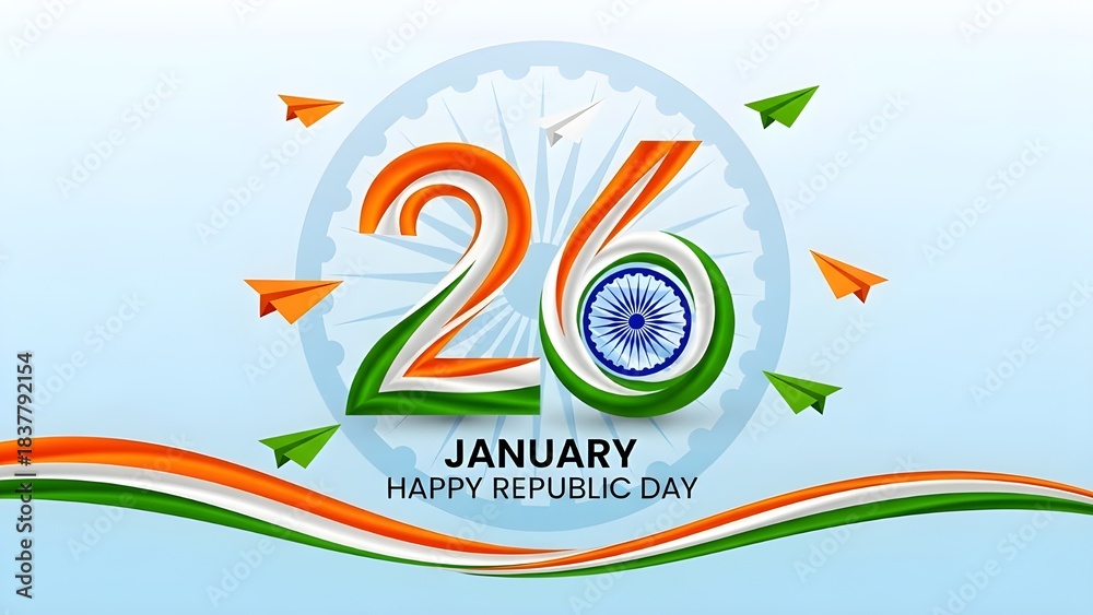 Obraz premium Happy Republic Day India celebration with 26 January text and Indian flag colors.