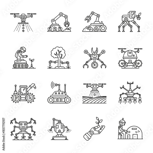 Modern farming automation icons showcase precision agriculture and future technology, highlighting innovation and efficiency in sustainable crop management solutions