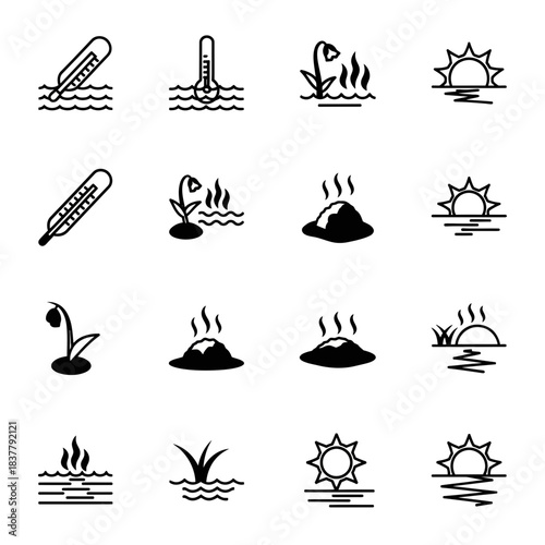 Eco-Friendly Vector Icons Highlighting Climate Change and Global Warming Impact Showing Thermometers in Water, Dying Plants, Heat Waves, and Rising Sun