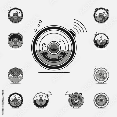 Collection of stylized robotic vacuum icons showing water, bubbles, and sensors, ideal for cleaning services, technology, and home automation branding