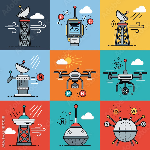 Modern tech vector icons showing innovative drone technology, satellite dishes, communication towers, and futuristic remote controllers for creative designs