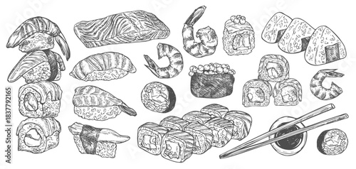 Japanese food. Vector illustration of sushi and sushi chopsticks. Sushi banner for restaurant. Black and white style.