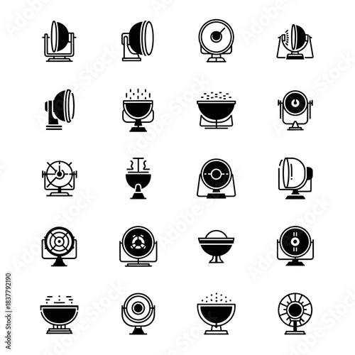 Variety of lighting equipment icons, spotlight, stage lighting, and fan icons. Collection of studio, entertainment, and industrial lighting symbols