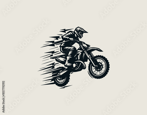 Motocross radicals rider jumping dirt bike in bold black vector logo illustration