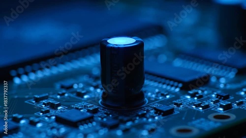 Close-up of computer motherboard with capacitor and components