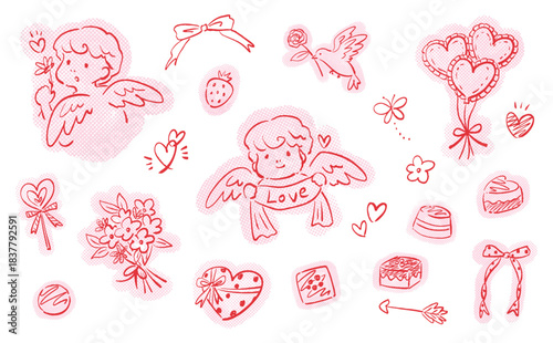Cute Valentine clip art set with hand painted line arts for banner, poster, card, and social media. Doodle Valentine vector illustrations.