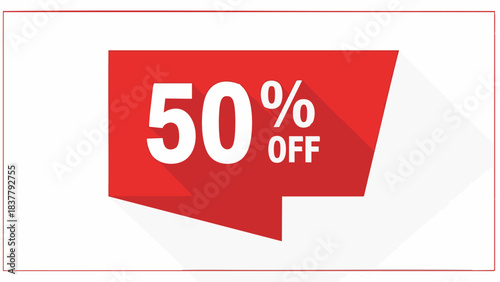 Red promotional banner displaying fifty percent discount offer.