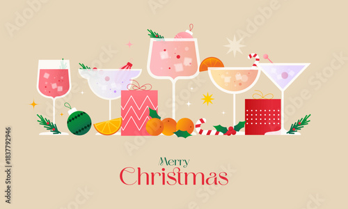 Christmas Cocktail - Festive Holiday Drinks, Ornaments, and Party Celebration Illustration