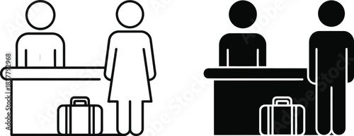 Check In Desk Vector Icon Set with Travelers and Luggage