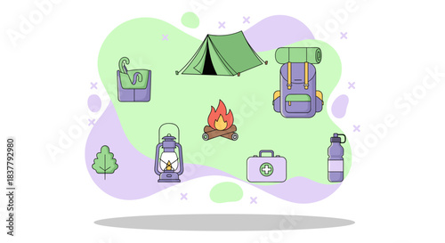 Collection of colorful camping and hiking equipment icons featuring green tent, purple backpack, campfire, lantern, first aid kit, and water bottle arranged on abstract pastel fluid background shapes,