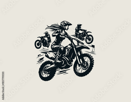 Motocross radicals rider jumping dirt bike in bold black vector logo illustration