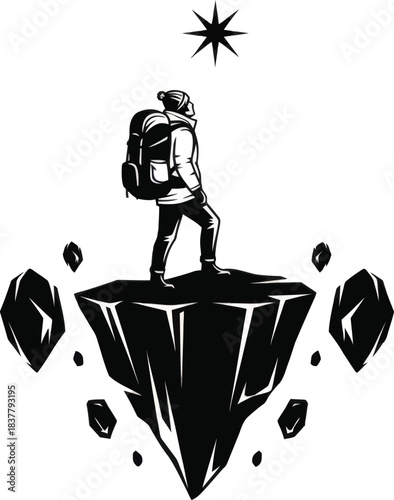 Hiker Standing on Floating Rock Adventure Exploration Illustration