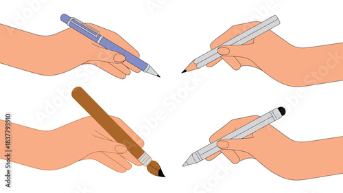 Hands Holding Various Writing Tools Pen, Pencil, Paint Brush, and Stylus Pen Illustration