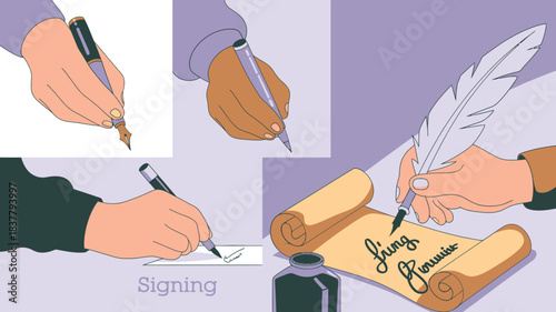 Hands Signing with Fountain Pen, Ballpoint Pen, Quill on Paper and Parchment Illustration