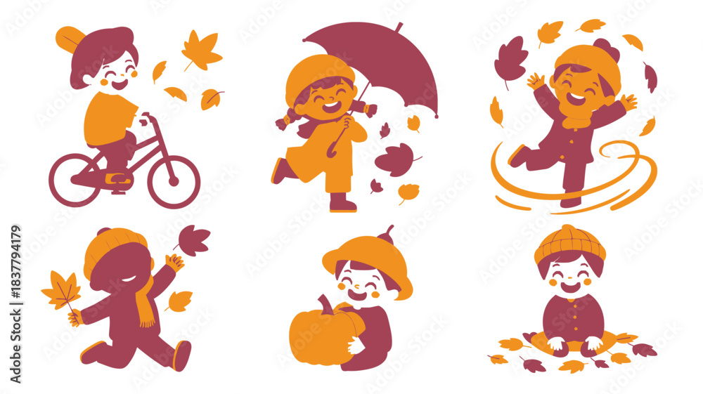 Obraz premium Happy Children Enjoying Autumn Season Activities Bike Riding, Jumping, and Playing with Pumpkins and Leaves