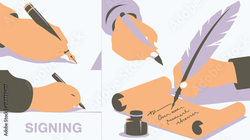 Hands Writing with Pen, Quill, and Fountain Pen Vintage Illustration of Signing Documents