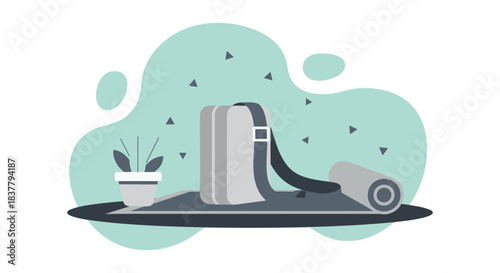 Flat vector illustration of sport and fitness equipment concept showing a rolled out yoga mat and gym bag ready for training with a houseplant on a decorative teal background representing healthy life