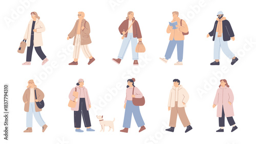 Illustrated Diverse Group of People Walking with Dog, Wearing Casual Outfits and Carrying Bags