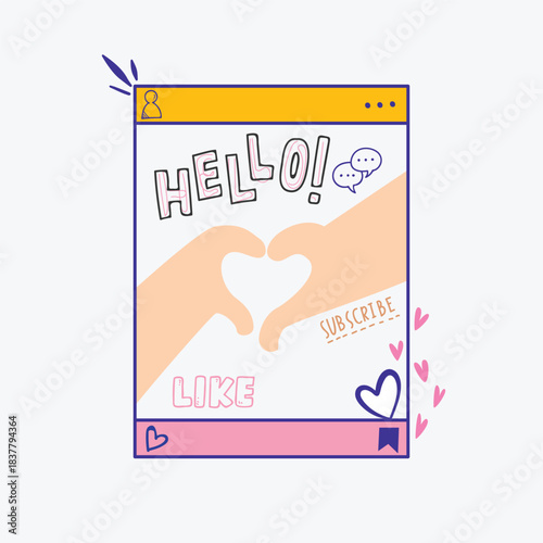 Cute Social Media Post Template With Heart Hands and Hello, Minimal square post styled like an app window featuring two hands forming a heart with HELLO
