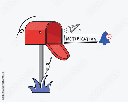 Mailbox Notification – New Message Alert Concept, Red roadside mailbox with open lid, paper plane and alert symbol. Minimal communication concept on a white background for email, newsletter or message