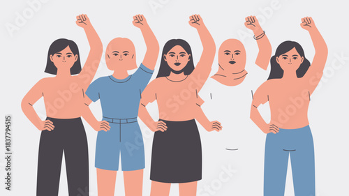 Illustrated Group of Women Raising Fists in Solidarity, Representing Strength and Empowerment Together