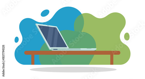Modern open laptop computer standing on wooden desk vector illustration. Workspace concept with portable pc device isolated on white background with abstract blue and green shapes for business, educat