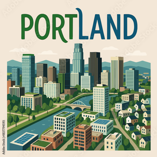 Portland Oregon city skyline vintage vector illustration with river and bridges