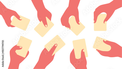 Illustrated Pattern Red Hands Holding Tan Cards on White Background, Repetitive Design