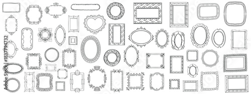 Doodle picture frame, hand drawn line vintage border, classic gallery empty decor vector baroque art. Ornamental decoration design elements, round, heart, oval shapes, swirl arch. Picture frame icon.