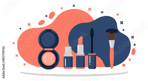 Set of decorative cosmetic products including powder, lipstick, mascara and brush vector illustration. Collection of makeup items for beauty and fashion concept isolated on white background with abstr