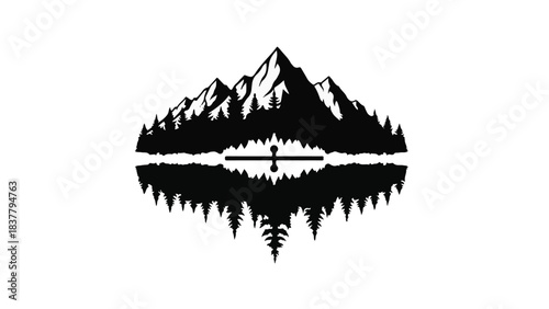 Serene mountain reflection on calm water with silhouette of pine trees and a small boat