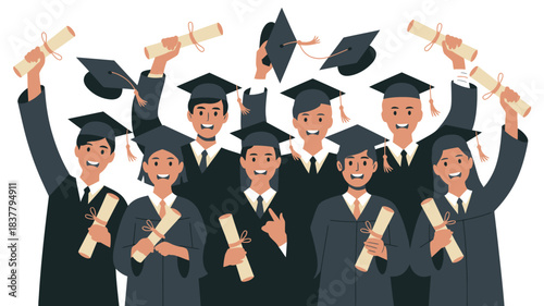 Illustration of Cheerful Graduation Class Throwing Caps and Holding Diplomas in Celebration on White Background
