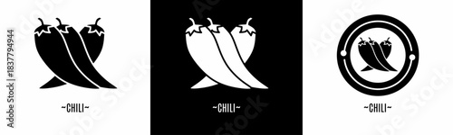Chili logo set. Collection of black and white logos. Stock vector.