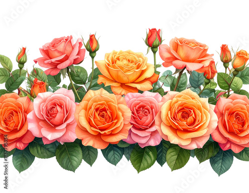  Vibrant Orange and Pink Rose Stems With Layered Green Leaves, Horizontal Floral Composition, Isolated on Transparent Background