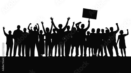 Silhouette of a Cheering Crowd with Raised Hands and a Blank Protest Sign Held Aloft
