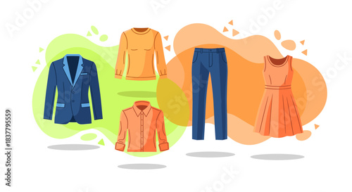 Set of various men and women casual and formal clothing vector illustration isolated on white background. Collection of stylish apparel including blue blazer, orange sweater, shirt, trousers, and dres