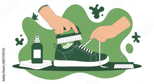 Flat vector illustration of hands cleaning green sneaker with scrubbing brush and spray bottle, shoe care and maintenance concept, footwear hygiene routine with cleaning kit accessories on abstract ba