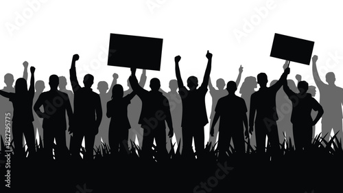 Silhouetted Crowd Protesting with Raised Fists and Signs Against White Background