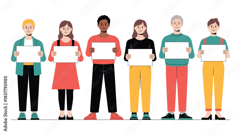 Obraz premium Six Cartoon People Holding Blank White Signs Diverse Characters, Illustration, Art