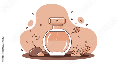 Elegant glass perfume bottle with natural stones and leaves flat vector illustration for beauty concept.