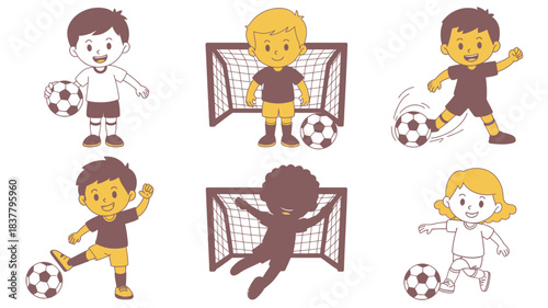 Six Cartoon Children Playing Soccer with Balls and Goal Nets on White Background