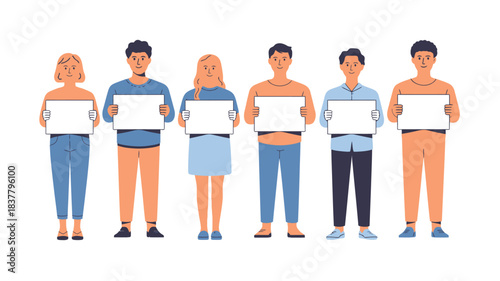 Six Cartoon People Holding Blank White Signs, Demonstrators with Space for Message, Protesters