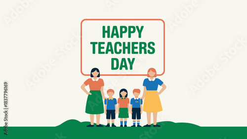 Teachers Day Illustration Featuring Educators and Students with Green Happy Teachers Day Text on Background